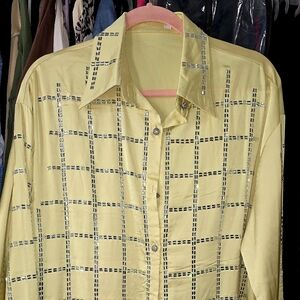 Yellow Women's Button-Up Shirt with Metallic Mirror Detail/Bling